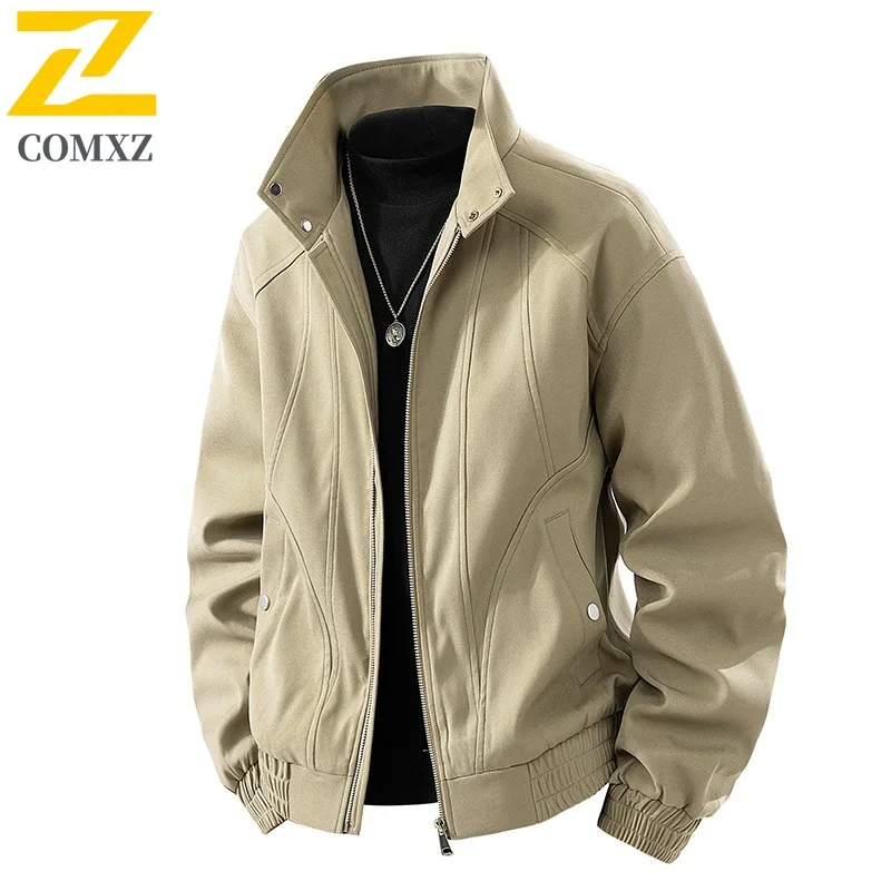 

COMXZ Outdoor Casual Jacket Men Fashion Solid Color Hiking Comfort Coat Stand Collar Camping Lightweight Autumn Windbreaker