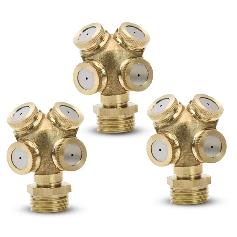 Misting Spray Nozzle, 4-Hole Brass Agricultural Misting Spray Nozzle Garden Sprinkler Irrigation System, 3-Pack With 1/4 To 1/2