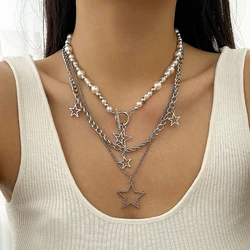 IngeSight.Z Trend Y2K Star Pendant Multi layered Necklace Fashion Imitation Pearl Beaded Necklace Women's Punk Party Jewelry