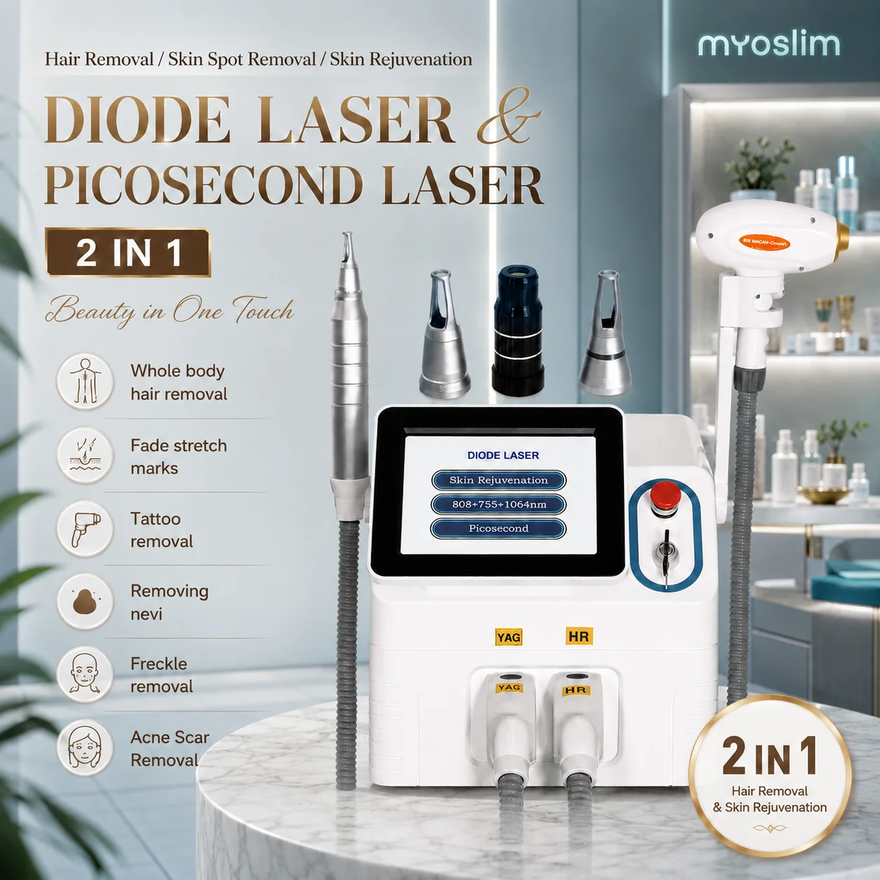 Diode Laser Hair Removal 808Nm 755Nm 1064Nm - Professional 2 IN 1 3 Wavelength