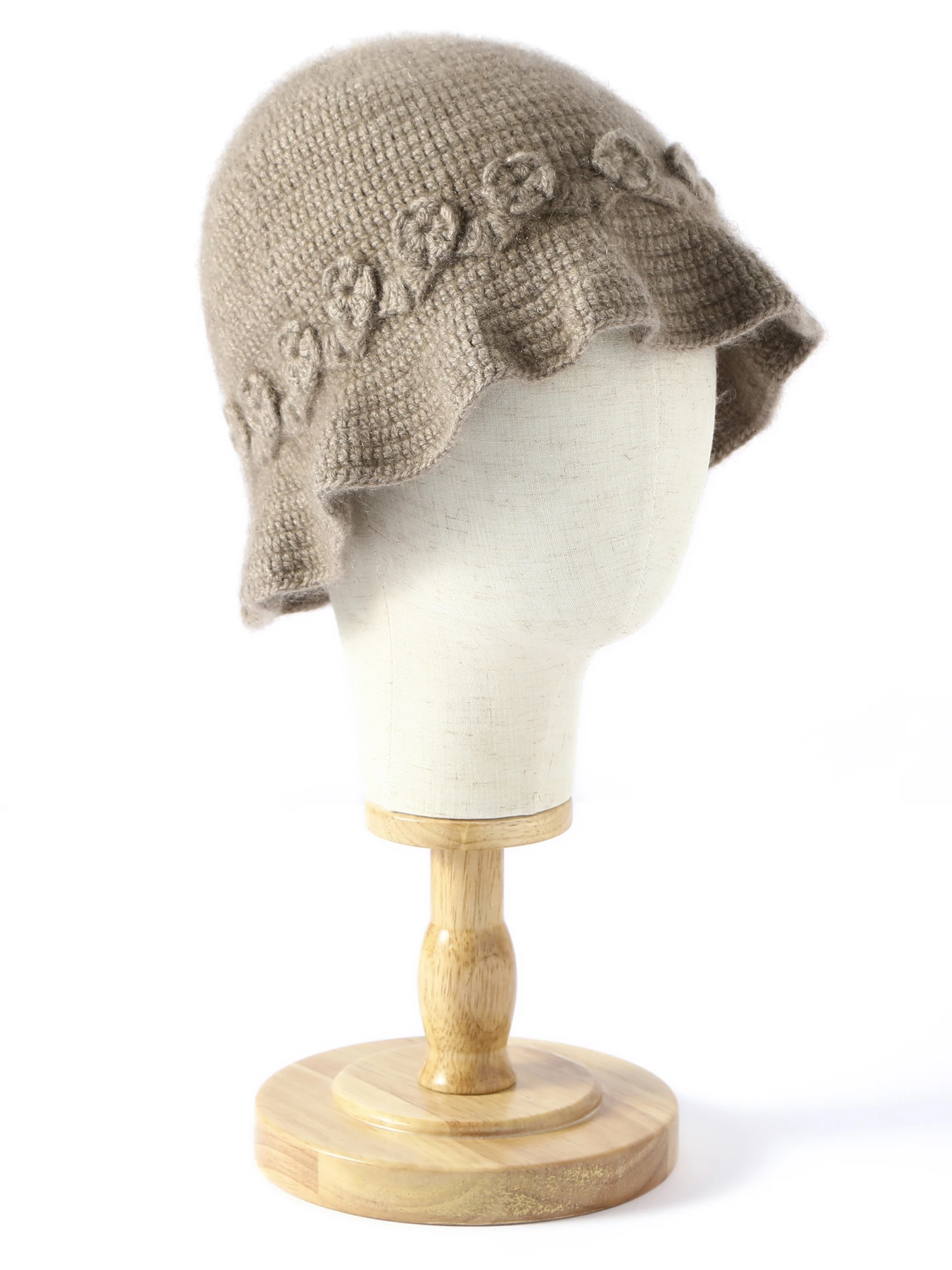 หมวกชาวประมงถักโครเชต์ลายดอกไม้ไหมแคชเมียร์ทำมือแบบหนา 5 เส้น สำหรับผู้หญิง สไตล์ใหม่ ฤดูใบไม้ร่วง ฤดูหนาว หมวกไหมพรมอุ่นๆ