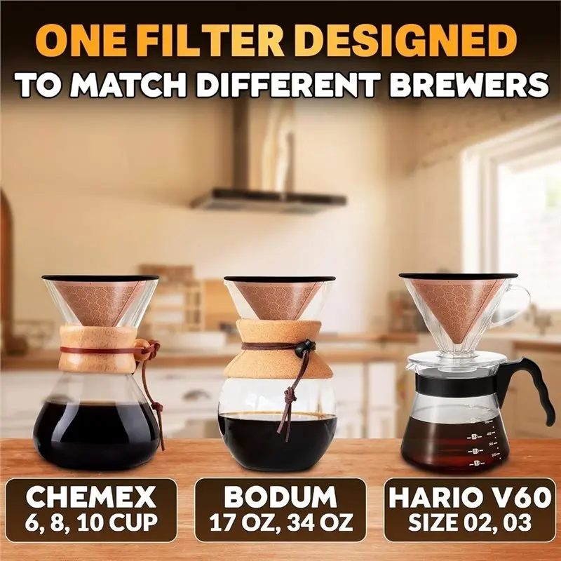 Reusable For Hario & Chemex Compatible Coffee Filters-Stainless Steel-800 Mesh Cone, Sediment-Free Brewing System