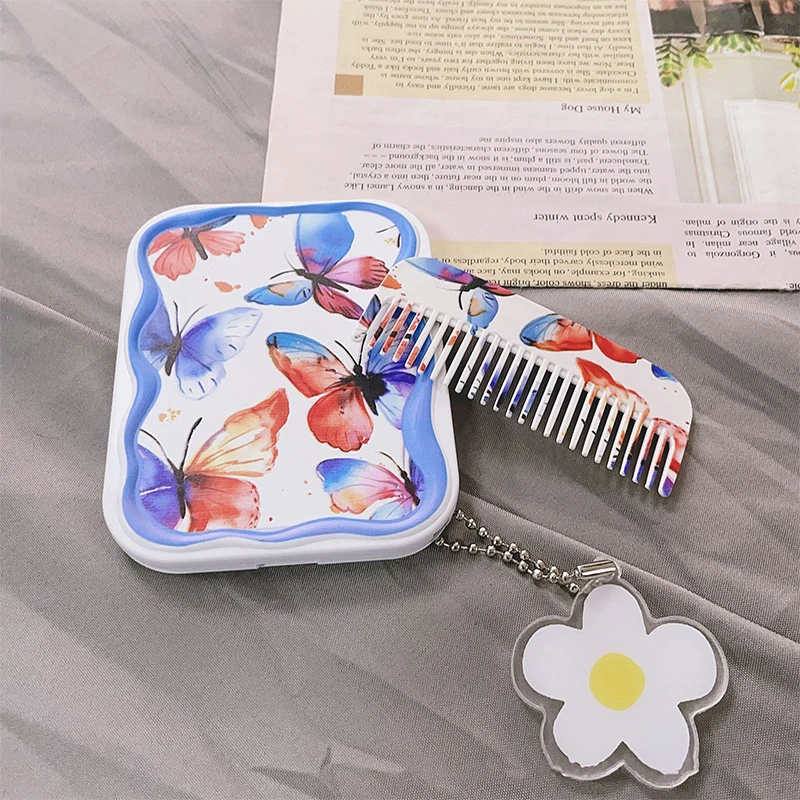 Red And Blue Butterfly Flip-Top Folding Makeup Mirror Portable Pocket Mirror Rectangle Cosmetic Mirror With Comb For Women