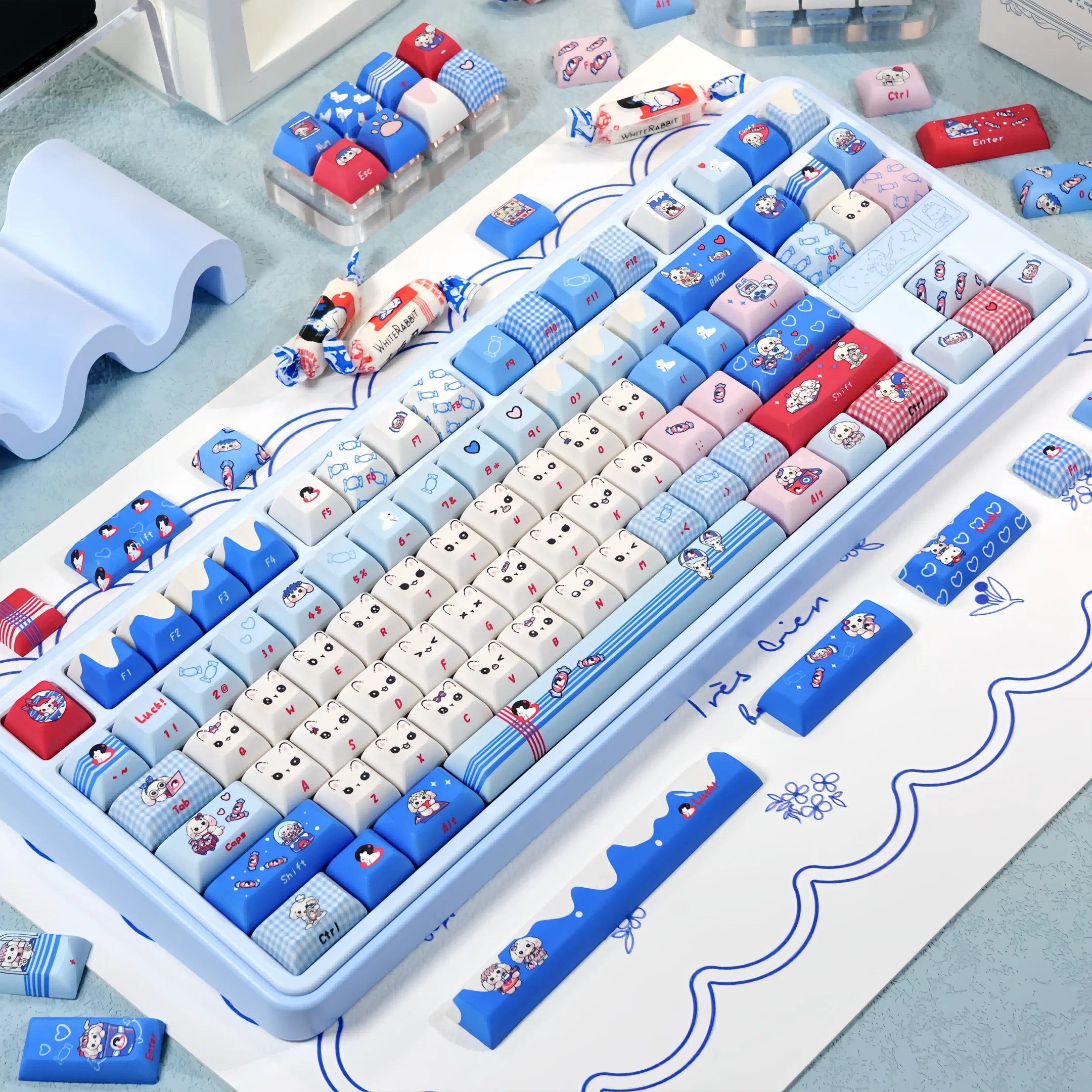 

Maorbeng Catelben White Rabbit Milk Candy Cute Keycaps Heat Sublimation Mechanical Keyboard Keycaps KCA Height