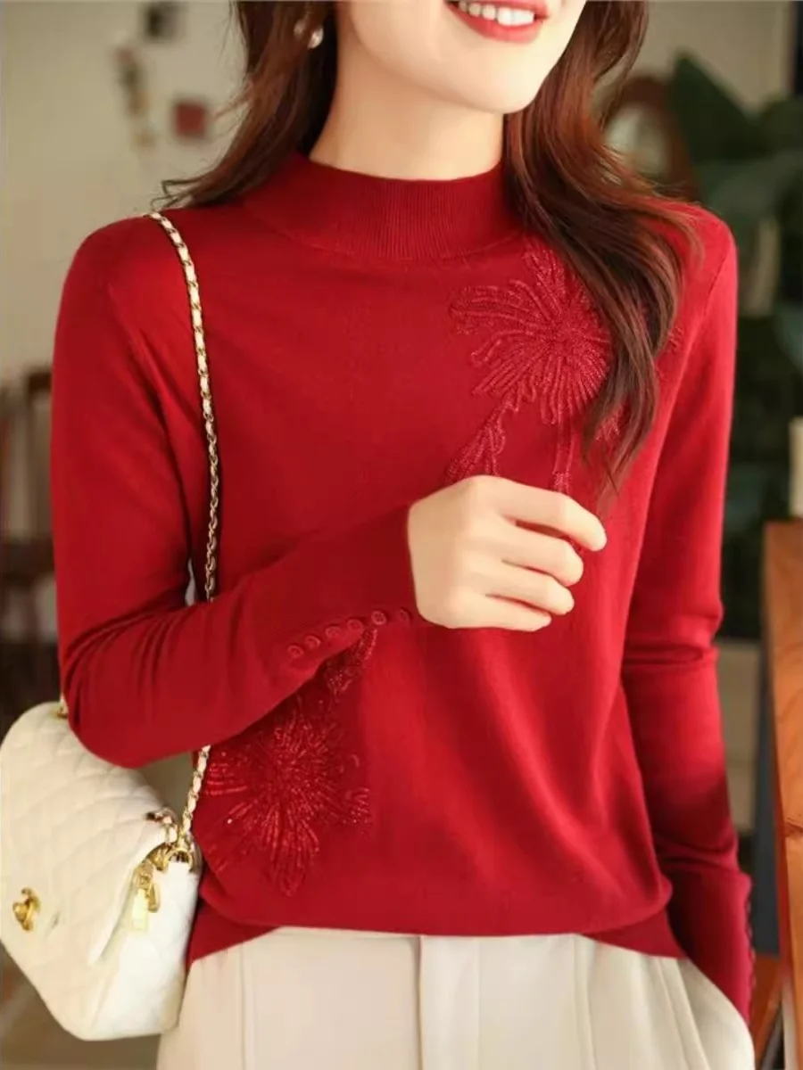 Skin-friendly Semi-high Collar Knitwear Women's Loose Velvet Long Sve Spring Autumn Base Layer irt Thin Model