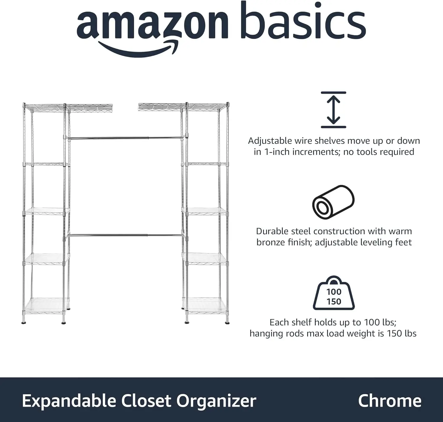 Amazon Basics Expandable Metal Hanging Storage Organizer Rack Wardrobe with Shelves, 57-80 x 14 x 72 inches (LxWxH), Chrome