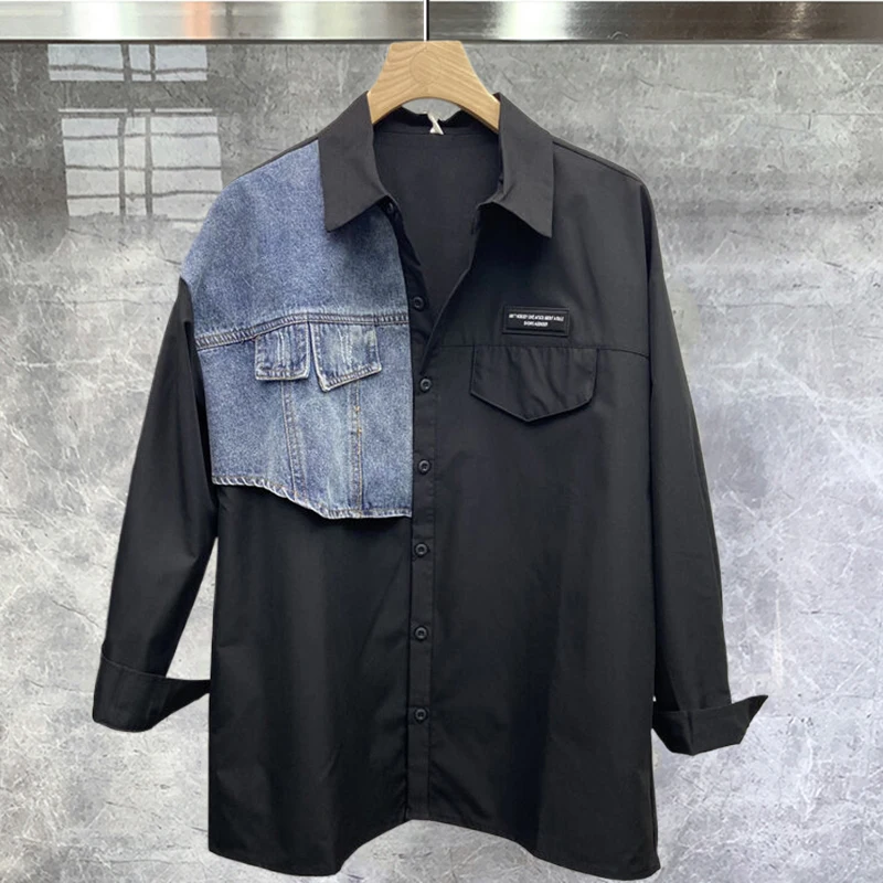 

Casual Long Sleeved Men's Shirt Spring Denim Patchwork Color Contrast Design Shirt Social Club Outfits Fashion Shirt Men Tops