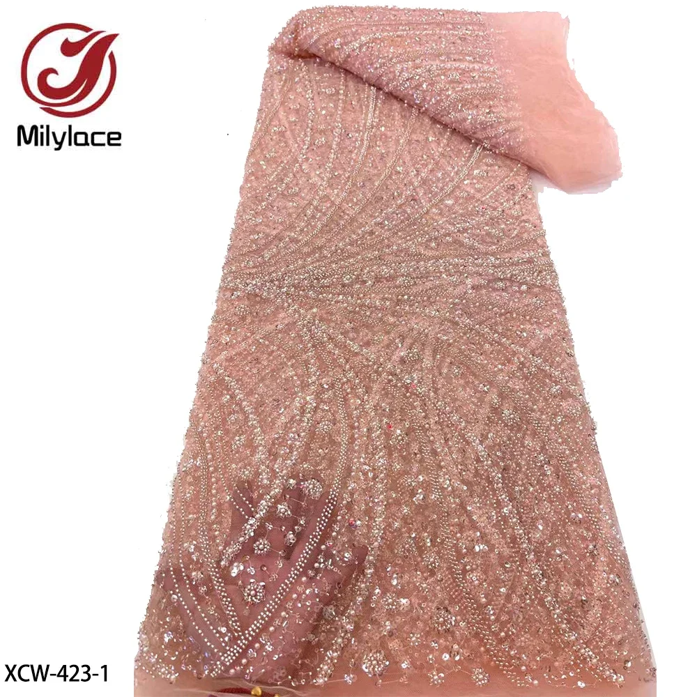 

Luxury African Sequins Lace Fabric High Quality Heavy Beads Embroidery French Tulle Lace for Nigerian Wedding Dress XCW-423