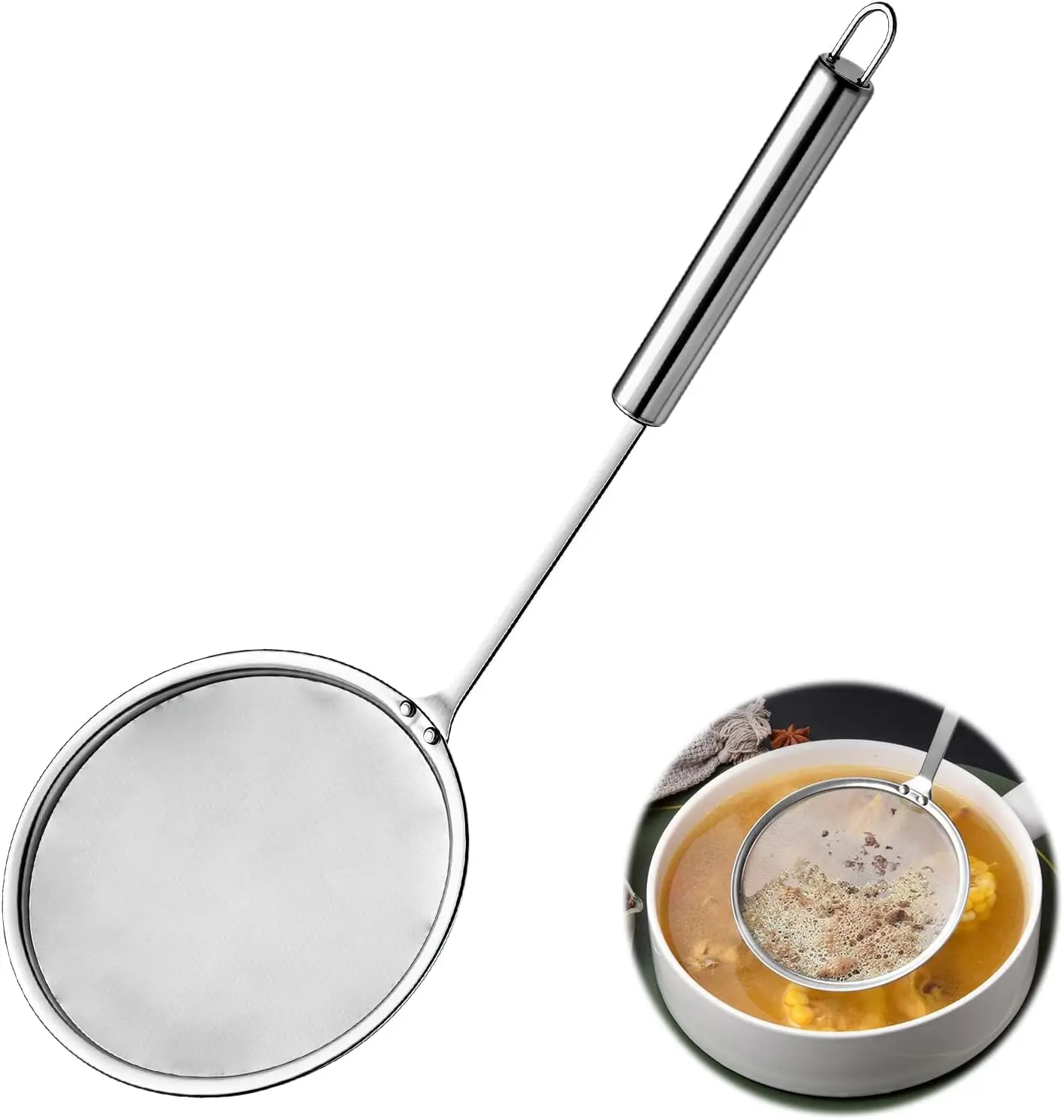 

Ложка для скиммера жира из нержавеющей стали, 4 дюйма, многофункциональное ситечко для жарки с мелкой сеткой и термостойкой ручкой 9,4 дюйма для жарки