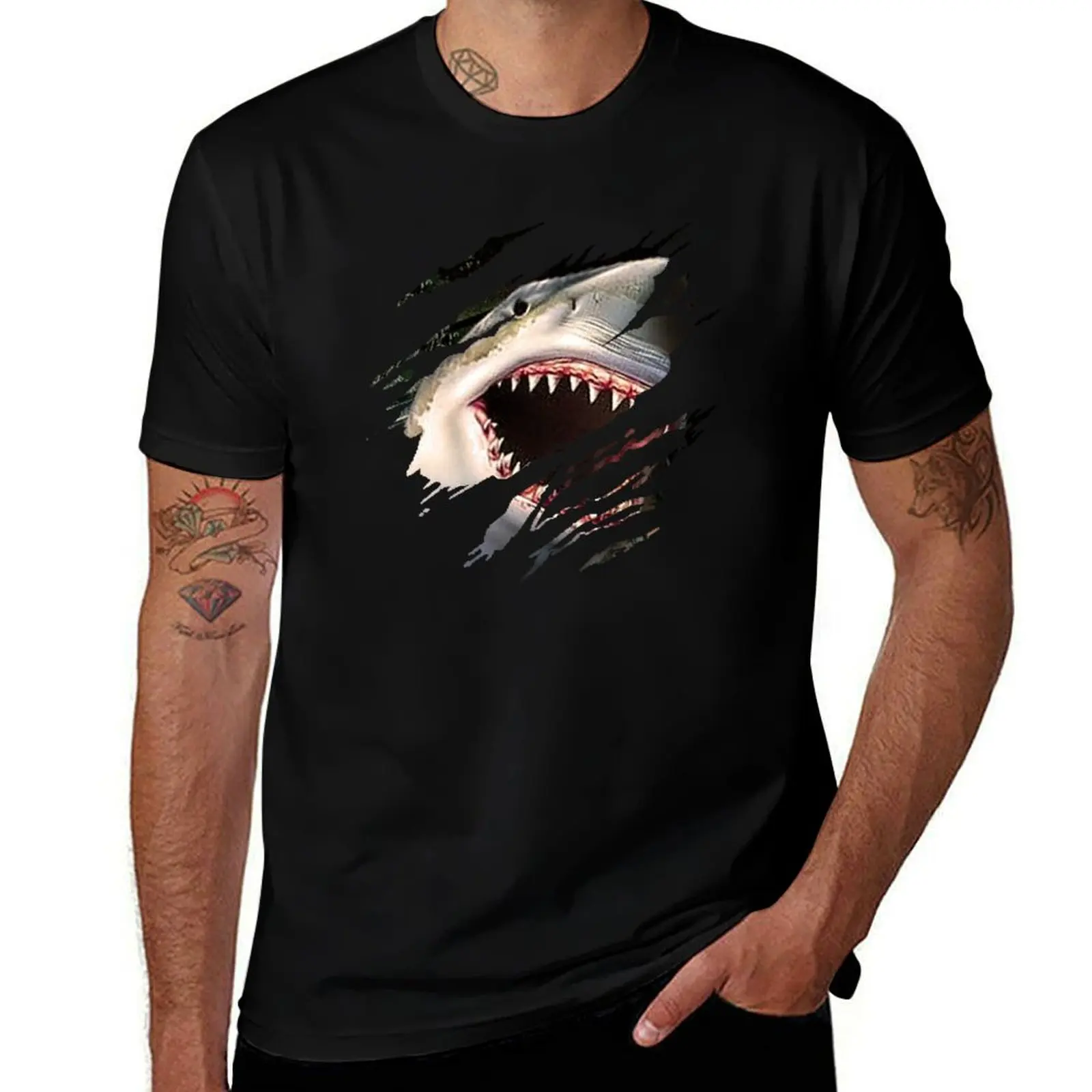

Shark Ripping Through! T-Shirt vintage anime shirt graphic shirts blacks cotton graphic tees plain t shirts men