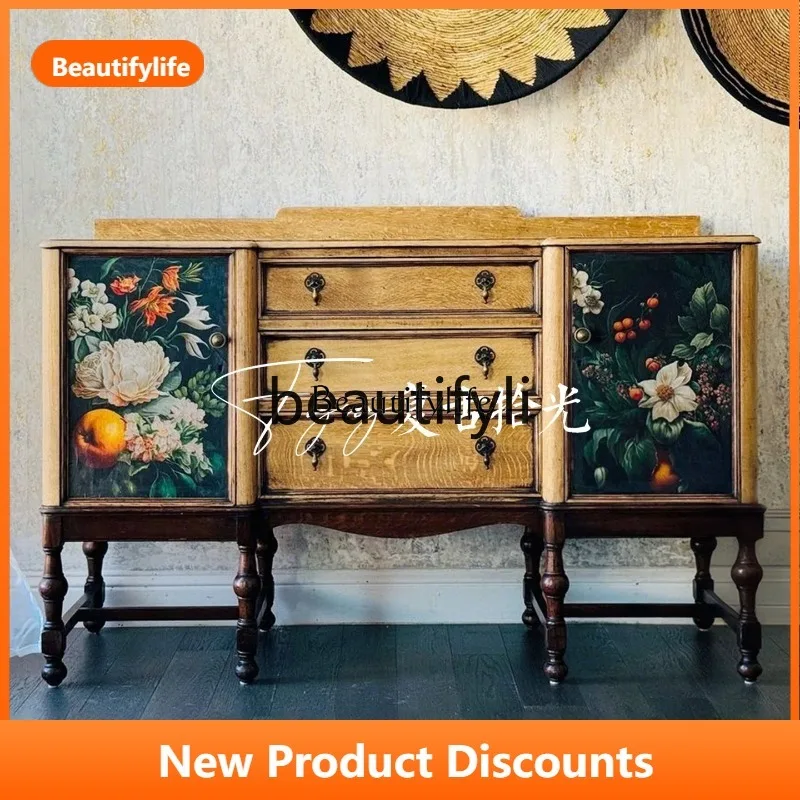 Retro light pickup French retro solid wood porch cabinet painted flower decorative cabinet living room wall locker