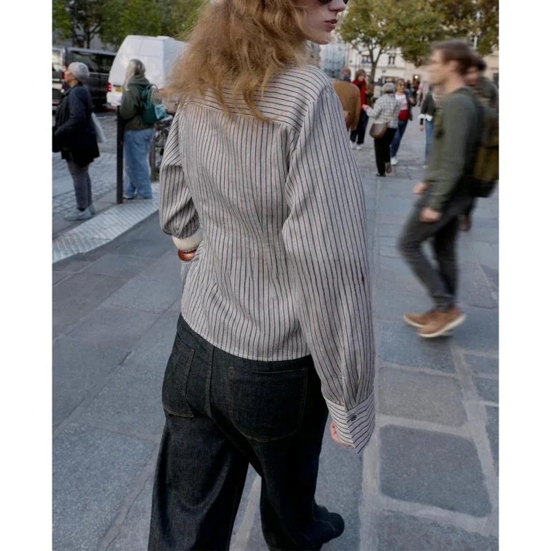 Autumn Winter New Arrival Women's Commute Sle Long Sve Double Breasted Striped  Knot irt Top Polyester Fiber