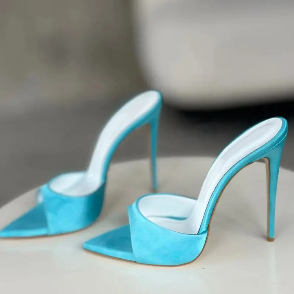 

Teal Satin Open Toe Stiletto Heel Mules Women Pointed Toe High Heel Fashion Elegant Slip On Dress Shoes Party Evening Footwear