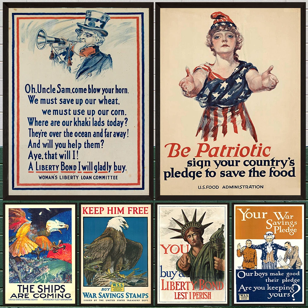 Vintage Us Wwi Wwii Propaganda Poster Canvas Painting, Antique American Military History Wall Art,Man Cave & Bar Decor Unframed