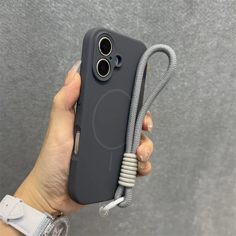 ل Magsafe شريط للرسغ السائل غطاء من السيليكون آيفون 17 16 15 برو ماكس 14 13 12 11 مع الحبل بلون لينة ماتي غطاء