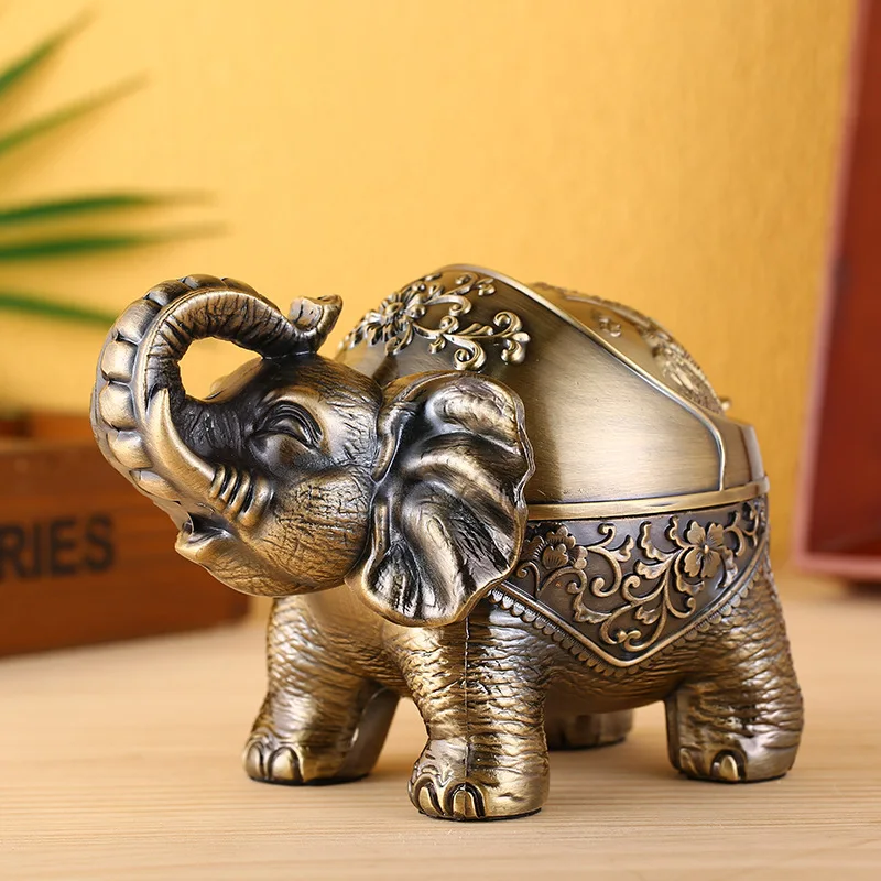 Elephant Shape Retro Animal Windproof Ashtray Alloy Ash Container Semi-closed for Home Living Room
