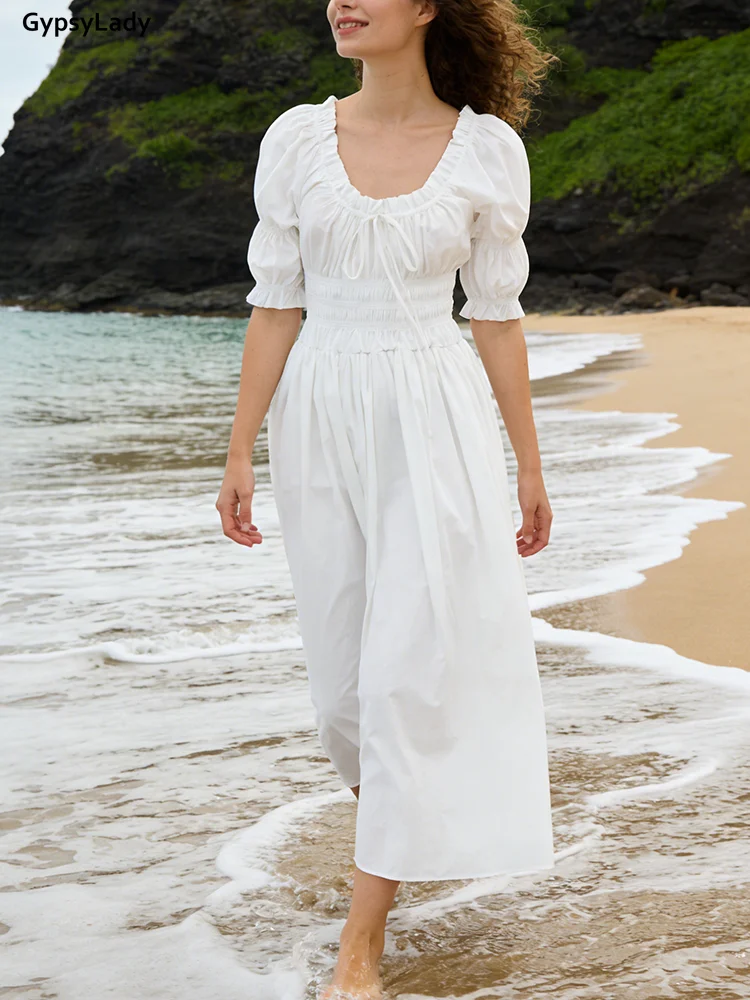 Vestido Maxi Retro Chic Francés con Mangas Abullonadas para Mujer, Blanco, con Cintura Ajustable, para Playa, Verano, con Volantes, Casual, para Vacaciones, Nuevo