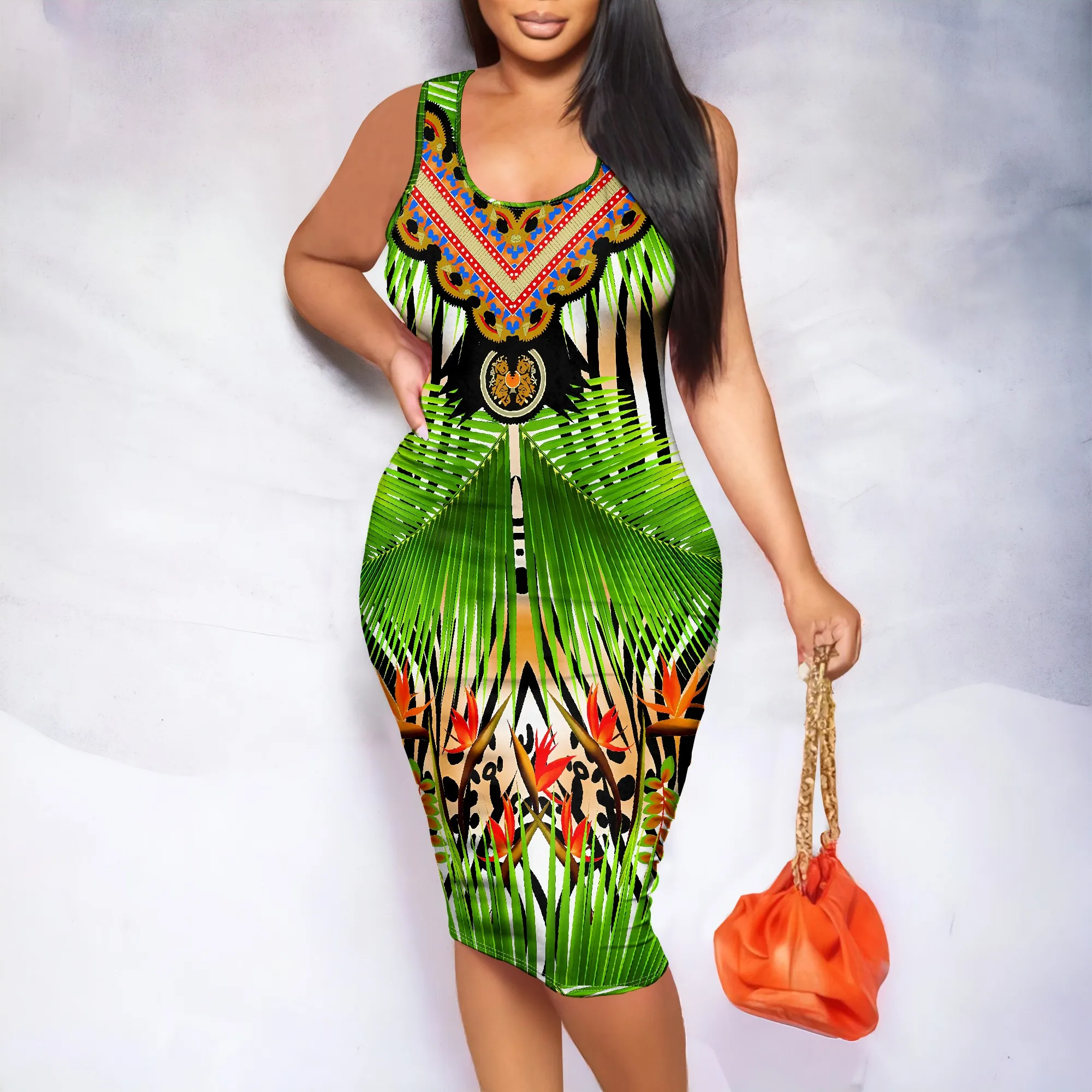 

Tropical Print Sleeveless Dress, Round Neck Wide Strap Midi Dress, Palm Leaf Pattern Summer Beach Wear, XS-2XL