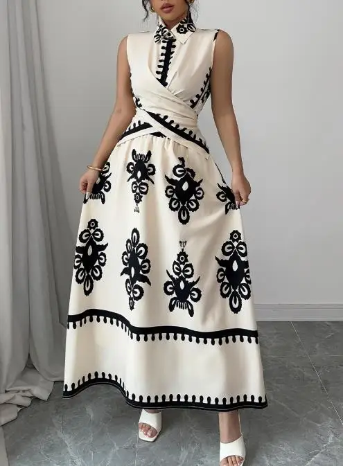 

Vacation Skirt Set Woman 2025 New Vintage Style Bohemian Style Printed Sleeveless Shirt with Tie Half Skirt Two-Piece Set