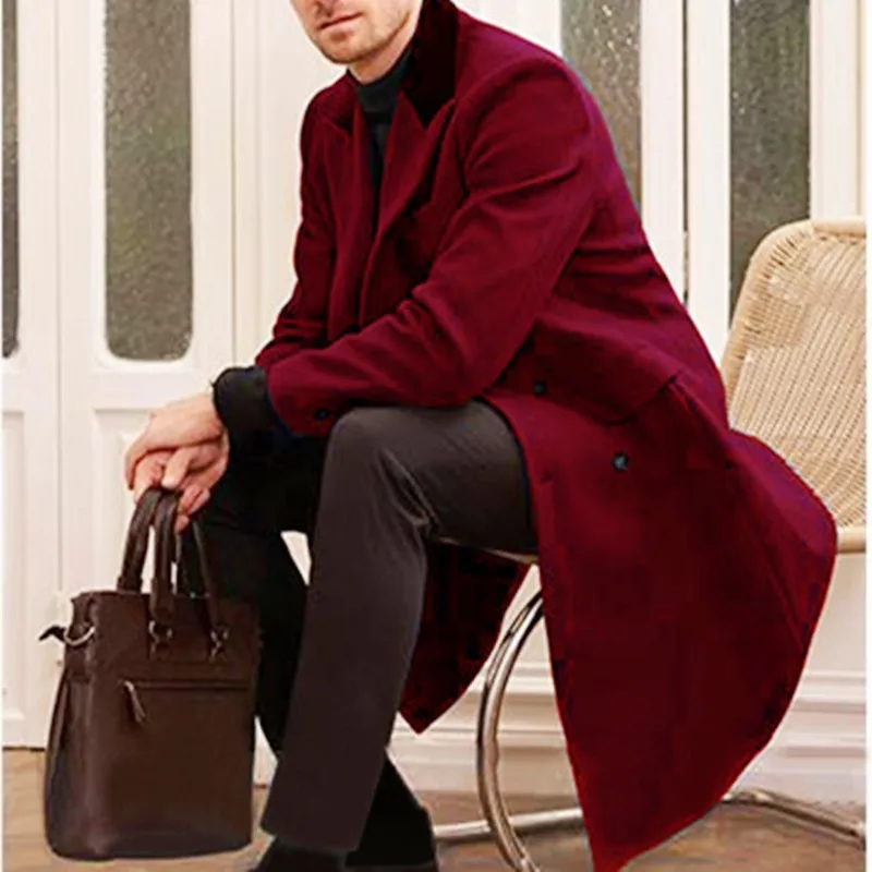 Fashion men's wearHigh-End Men's Solid Color plus Size Mid-Length Woolen Trench Coat European Casual Coat