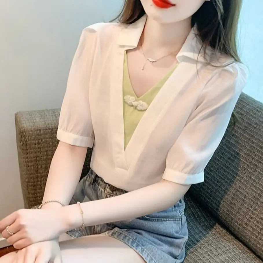 Woman Spring Summer Style Blouses Shirts Lady Casual Short Sleeve Turn-down Collar Green Blusas Tops G2721