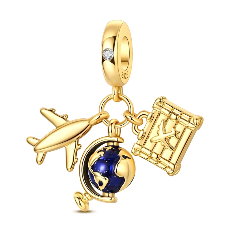 

925 Sterling Silver Charms Bead Golden Airplane Globe Luggage Dangle Fit Original Bracelet DIY Women Jewelry