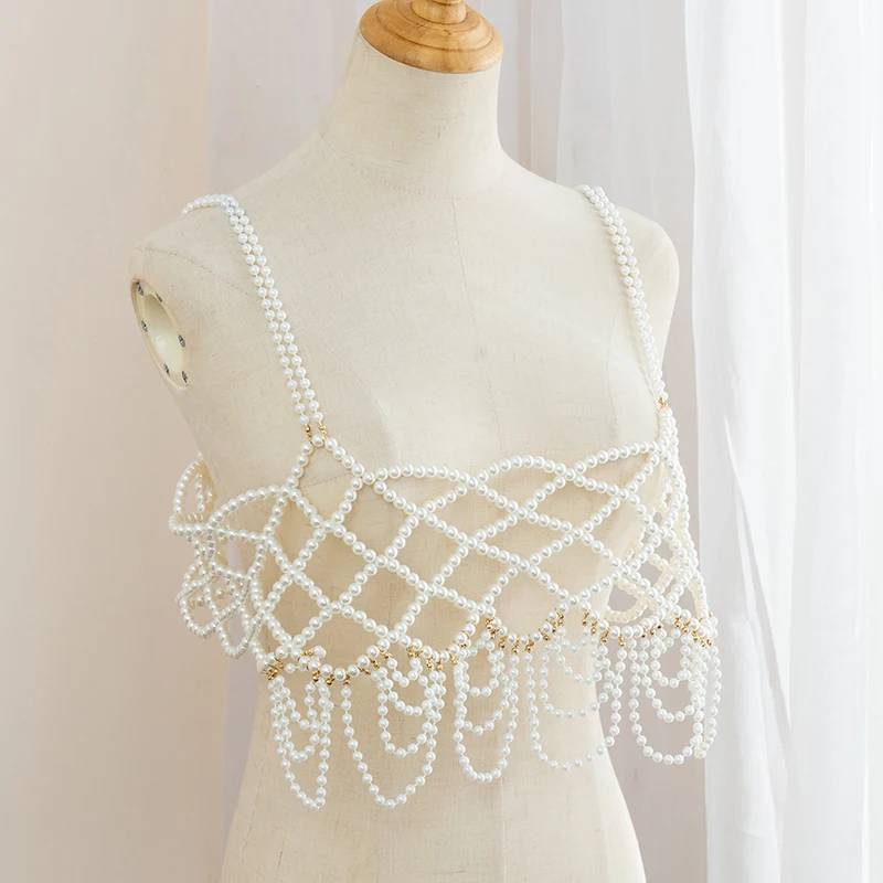 Hand-woven Pearl Vest ins Light Luxury outside with string pearl halter vest vest jewelry
