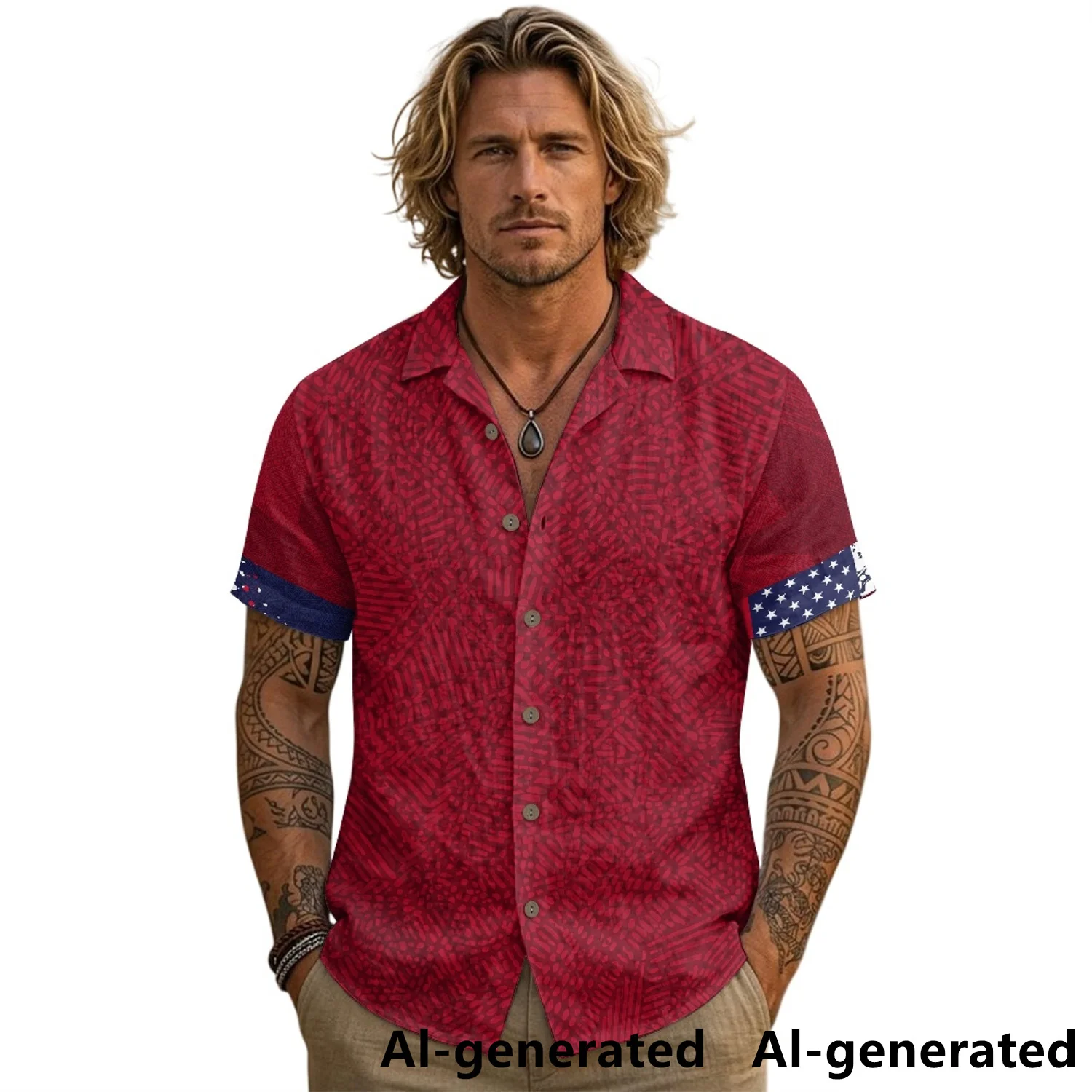 XIXIRIMIDO Men's V-Neck Casual Linen Button Short-Sleeved Shirt National Flag Minimalist DesignT-Shirt Turn-down collar tops