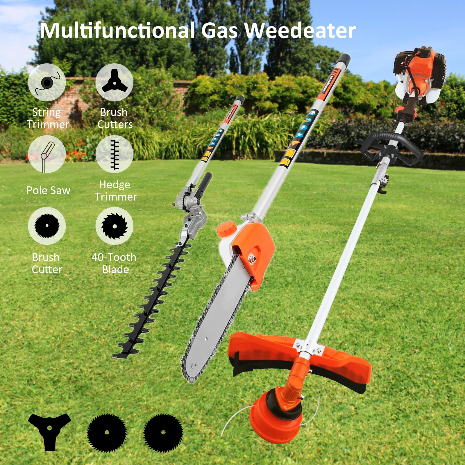 Gas Powered String Trimmer 52cc 6 in 1 Multi Functional Garden Trimming Tools, for Tree Trimming Branch Brush Cutter