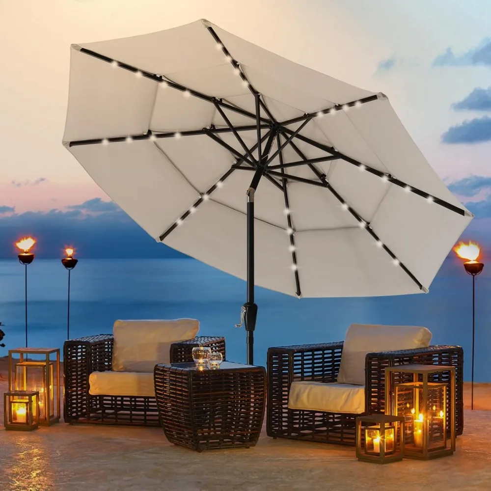

3-Tiers 11FT Solar Patio Umbrella, Outdoor Umbrella with 32 LED Lights for, 3 layer windproof outdoor sun shade umbrella