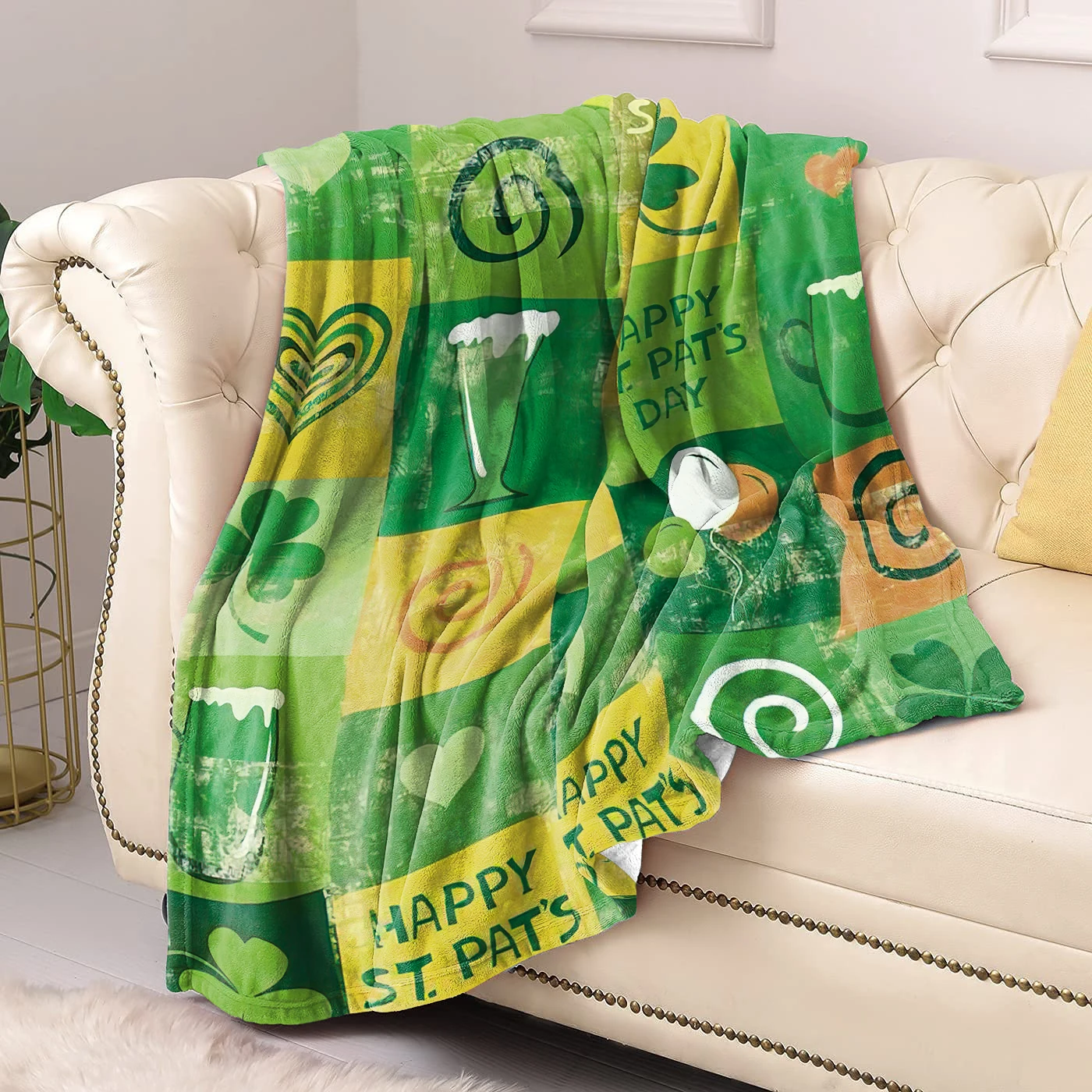 Blanket Flannel Throw St Patrick's Day Lucky Printed Snowman Pattern Clover Shamrock Cozy Soft Home Plush Sofa Blankets