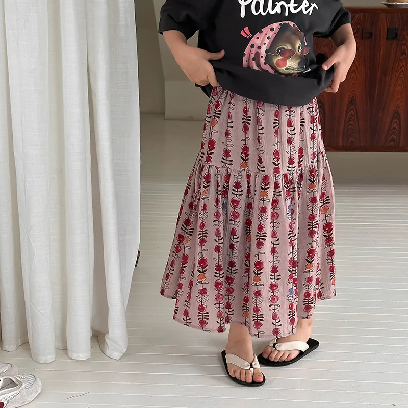 

Повседневные платья для девочек Юбка с цветочным принтом Юбки для девочек Летняя тонкая стильная детская одежда Детские платья для девочек