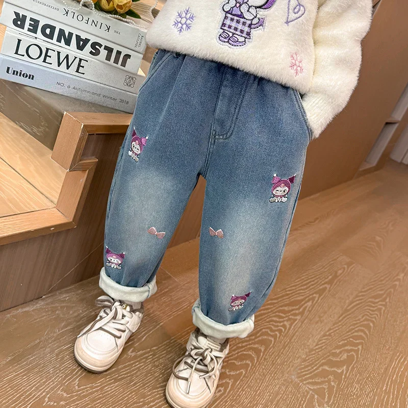 Sanrio Winter Kulomi Cute Warm Children's Trousers Cartoon Fleece Thickened Cold-proof Fashion Jeans