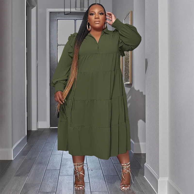 فستان نسائي طويل أنيق مقاس كبير مع أكمام فانوس على شكل حرف V