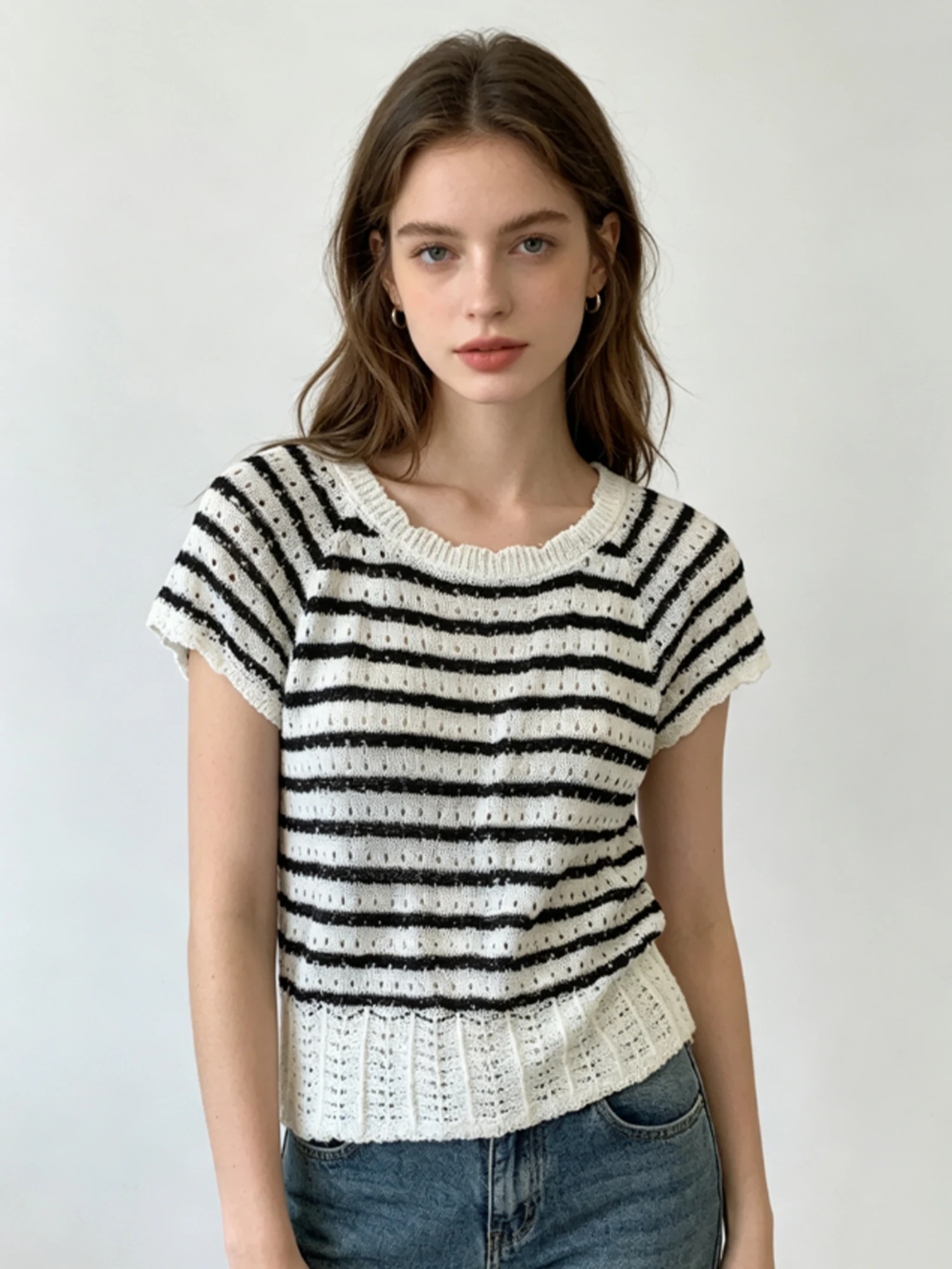 Women Apricot Striped T-shirt Short Sleeve Tee Top Y2K Gyaru Vintage Korean Hollow-out Ice Silk Knitwear for Women Summer 2026