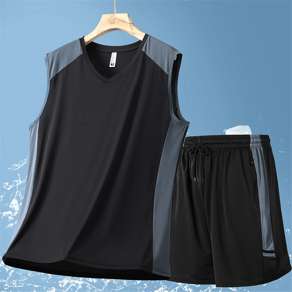 Summer Quick Drying Tracksuits Men Plus Size 13XL Summer Sets Casual Fashion Patchwork Tank Tops Shorts Suits Male Big Size 13XL