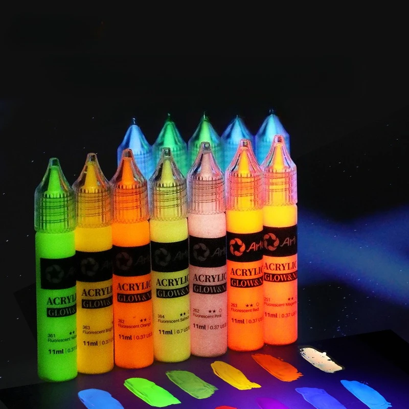 Zestaw farb akrylowych fluorescencyjnych 6/12/18 kolorów 11ML - Farby świecące w ciemności do tkanin, ubrań, butów, malowania ścian i sztuki. — zdjęcie produktu 4