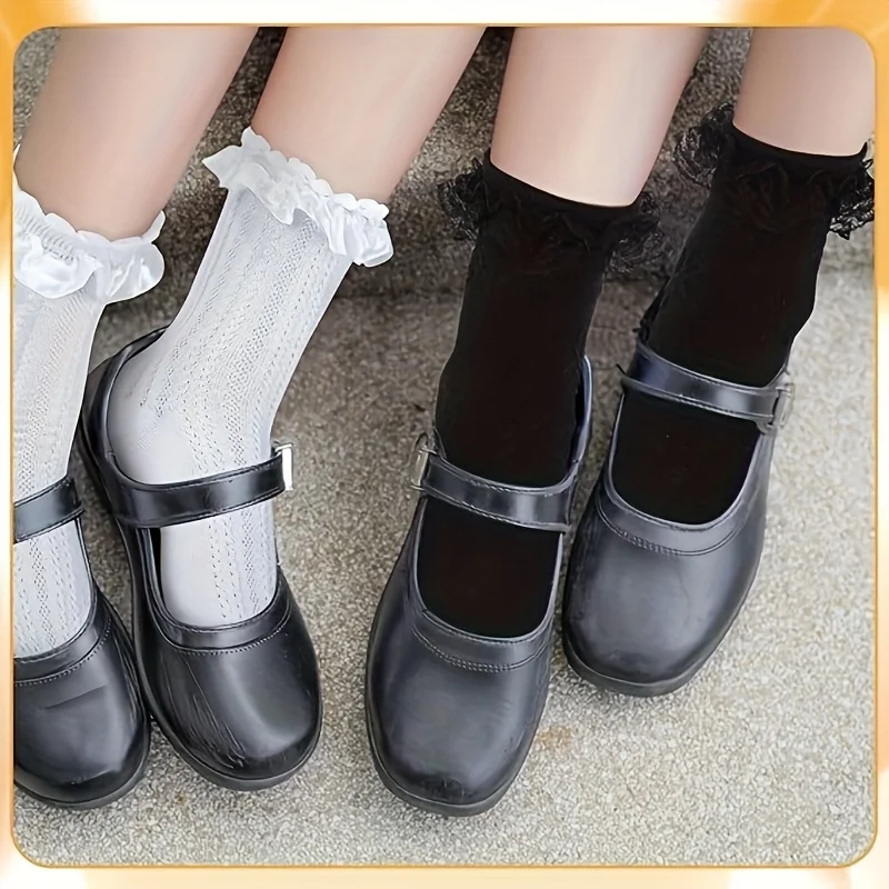 6 Paar Spitzen-Rüschen-Crew-Socken für Damen, Niedliche Prinzessinnen-Knöchelsocken mit Spitze für Frauen – Detail 2