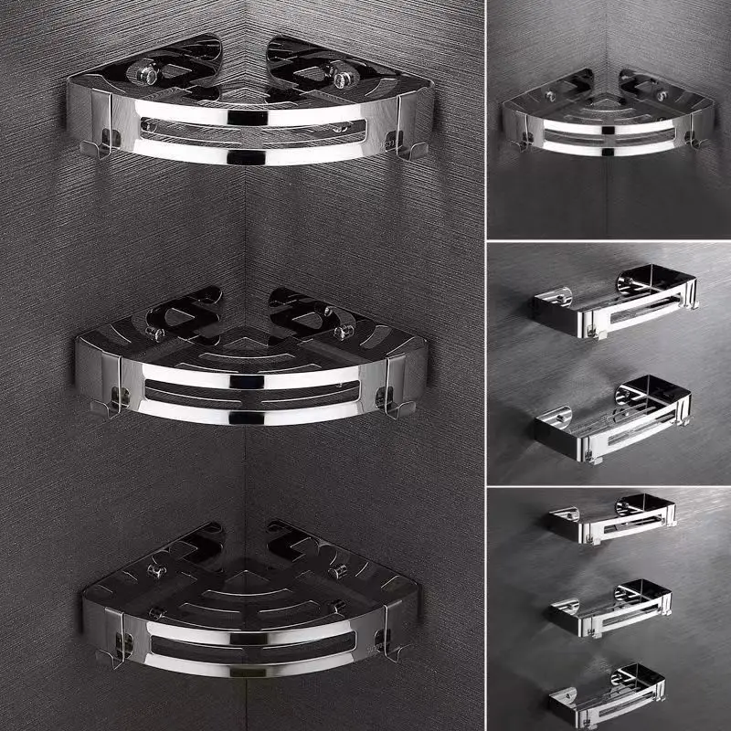 

Компактная угловая полка из нержавеющей стали, современная дырокол для хранения в ванной комнате, бесплатная установка, регулируемое расстояние слоя, максимальная нагрузка 30 кг