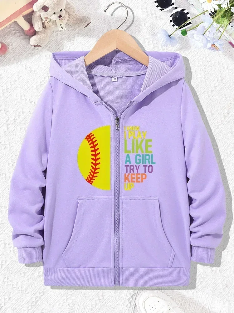 Girls Light Purple Zip Up Hoodie Colorful Softball Slogan Print Long Sleeve Casual Kids Hooded Jacket With Front Pockets