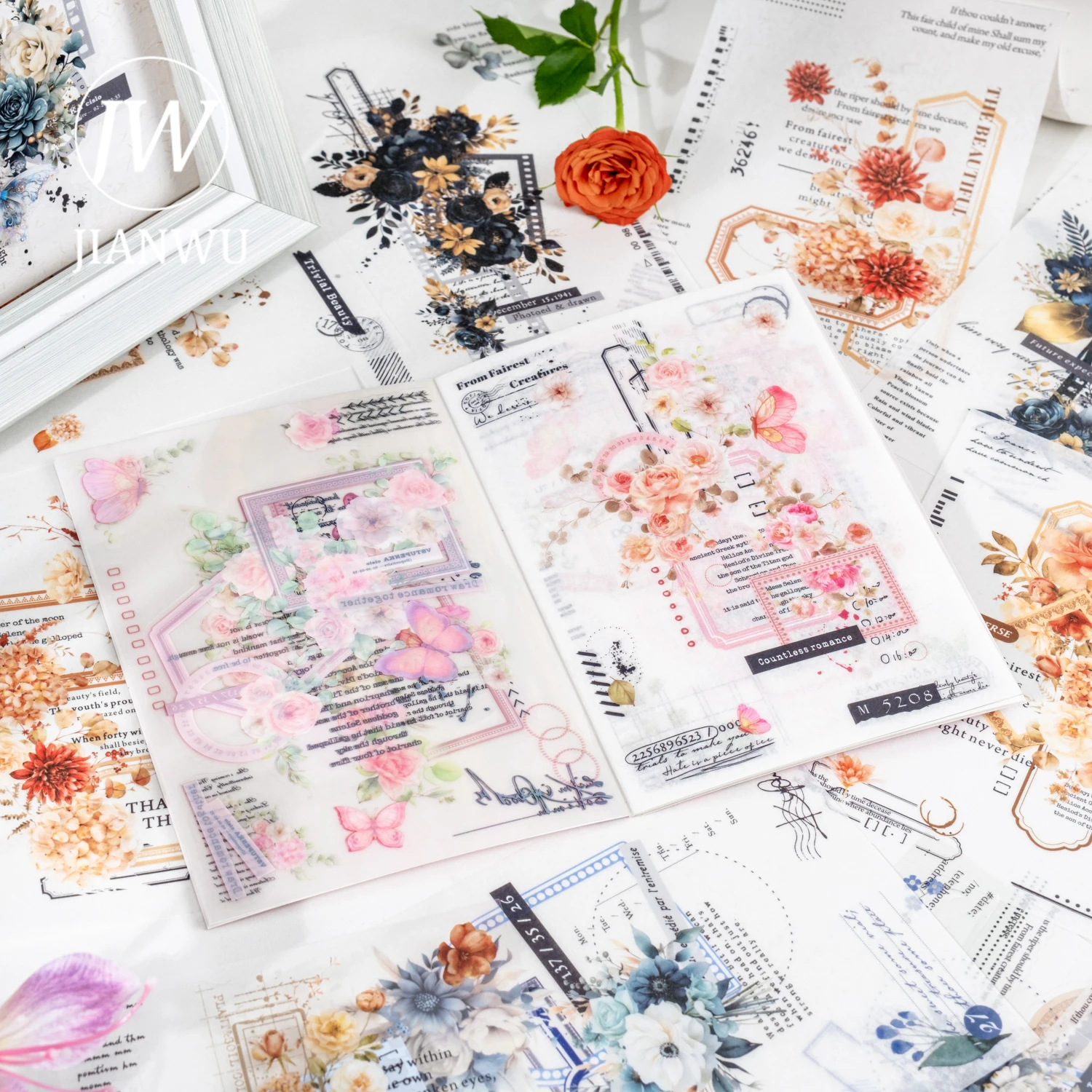 JIANWU Brilliant Flower Series Vintage Border Label Material Collage Sticker Book Creative DIY Journal Scrapbooking Stationery