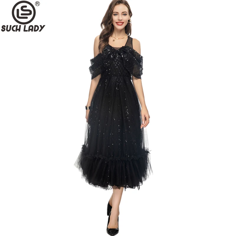 

Women's Runway Dresses Cap Sleeves Sequined Ruffles Layered Elegant Fashion Mid Vestidos