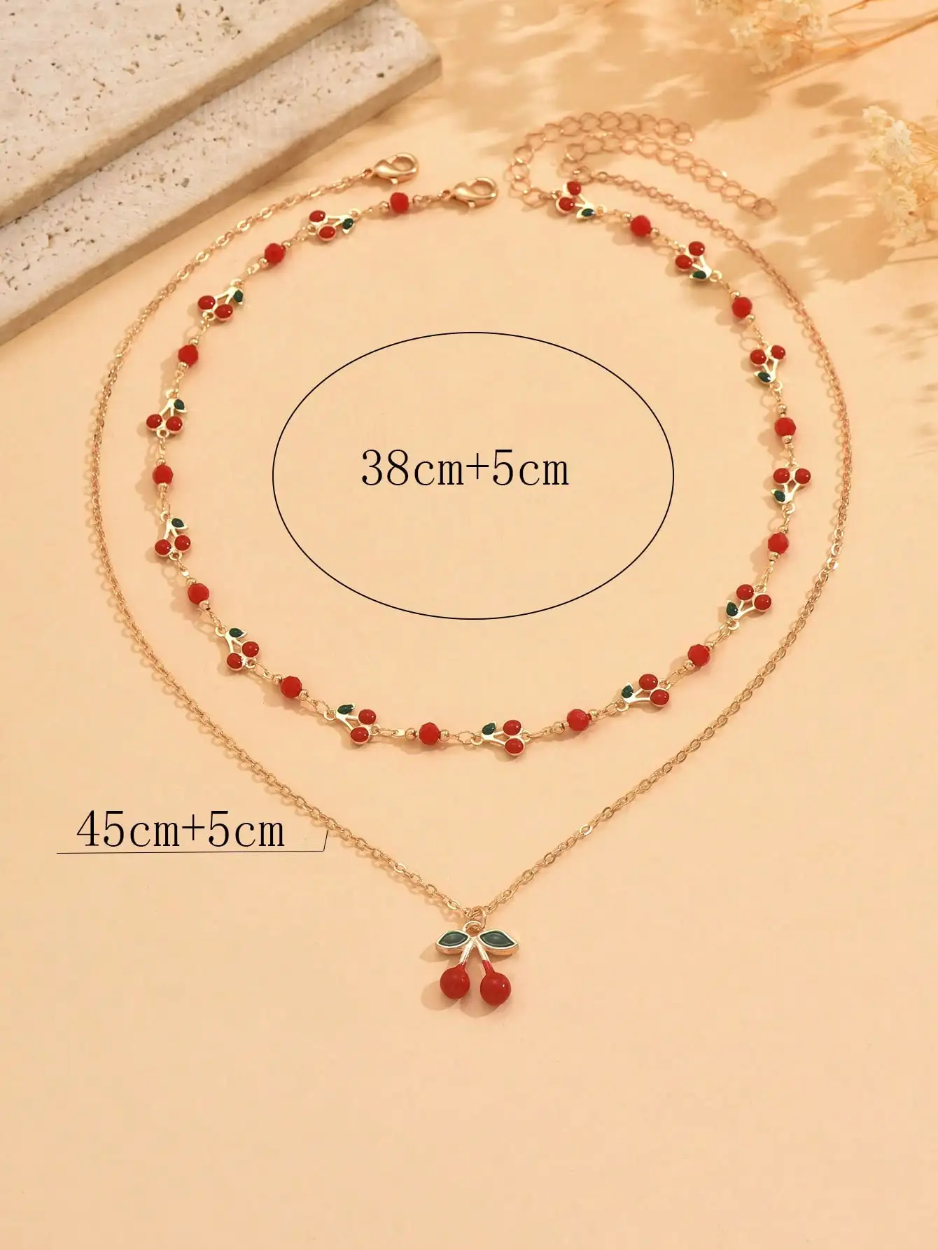 

2-Piece Layered Cherry Pendant Necklace Set in Gold Tone with Red Beads
