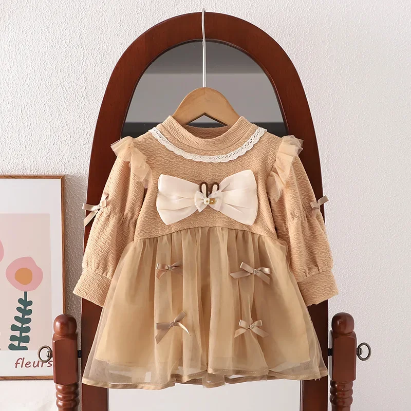 Autumn Spring Baby Girls Long Sleeve Mesh Dress Lace Bow Party Children Clothing Korean Style Toddler Kids Costume 0 To 3 Yrs