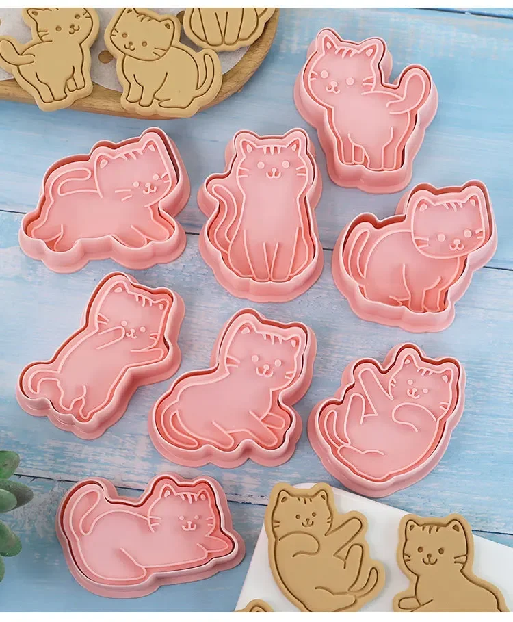 8Pcs Cat Cookie Mold Set Cartoon Cat Shape Cookie Stamp Fondant Cake Decoration Tools 3D Hand Pressure Plastic Biscuit Mold