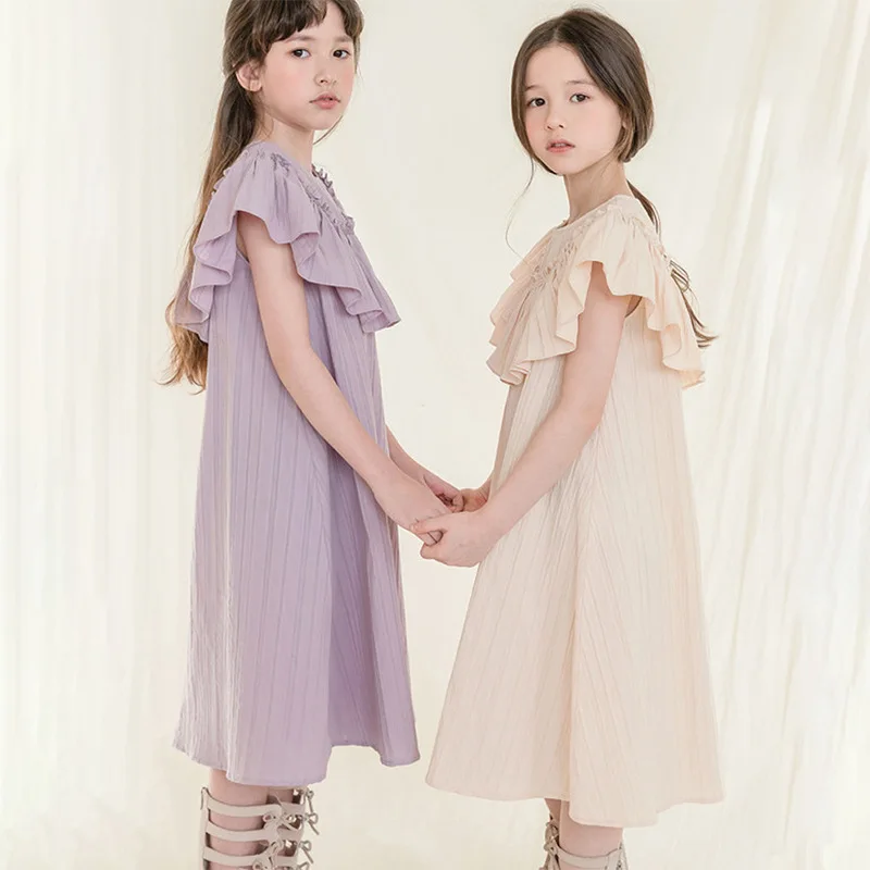 JUCPKID 2024 Summer School Girl Dress Teenager Girl Ruffle Edge Vintage Dress Children Gril A-line Dress Solid Straight Dress