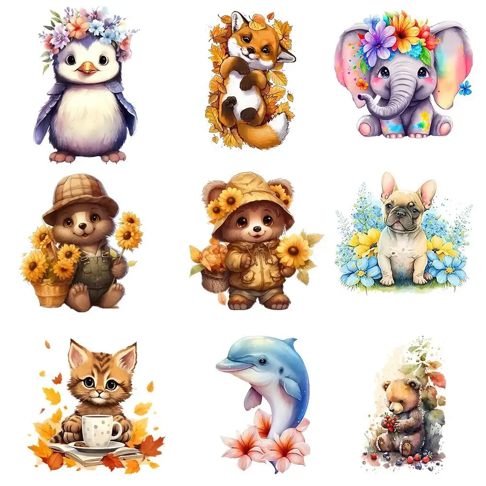 

Cartoon Cute Animal Bear Foxes Elephant Penguin Bird Fox Raccoon Pattern Iron On Transfer For Baby Clothes Stickers on Fabric