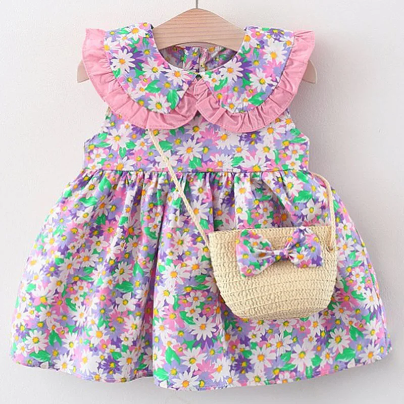 2024 New In Summer Baby Dresses For Girls Korean Cute Flowers Doll Collar Sleeveless Princess Kids Dress+Bag 2Piece Sets BC849