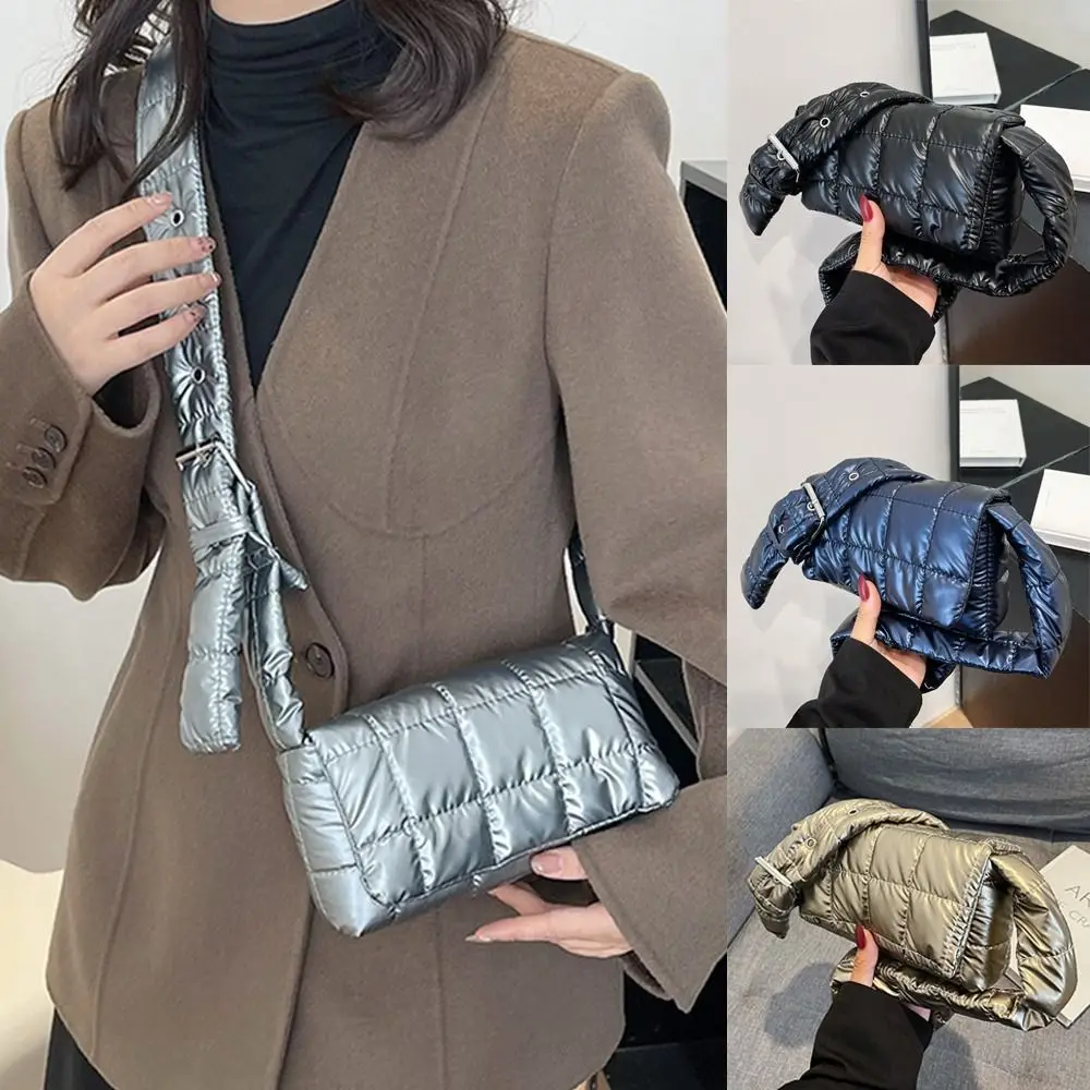 Fashion Quilted Tote Bag Lightweight Winter Warm Down Cotton Padded Plaid Shoulder Bag Women Underarm Bags Puffy Handbags