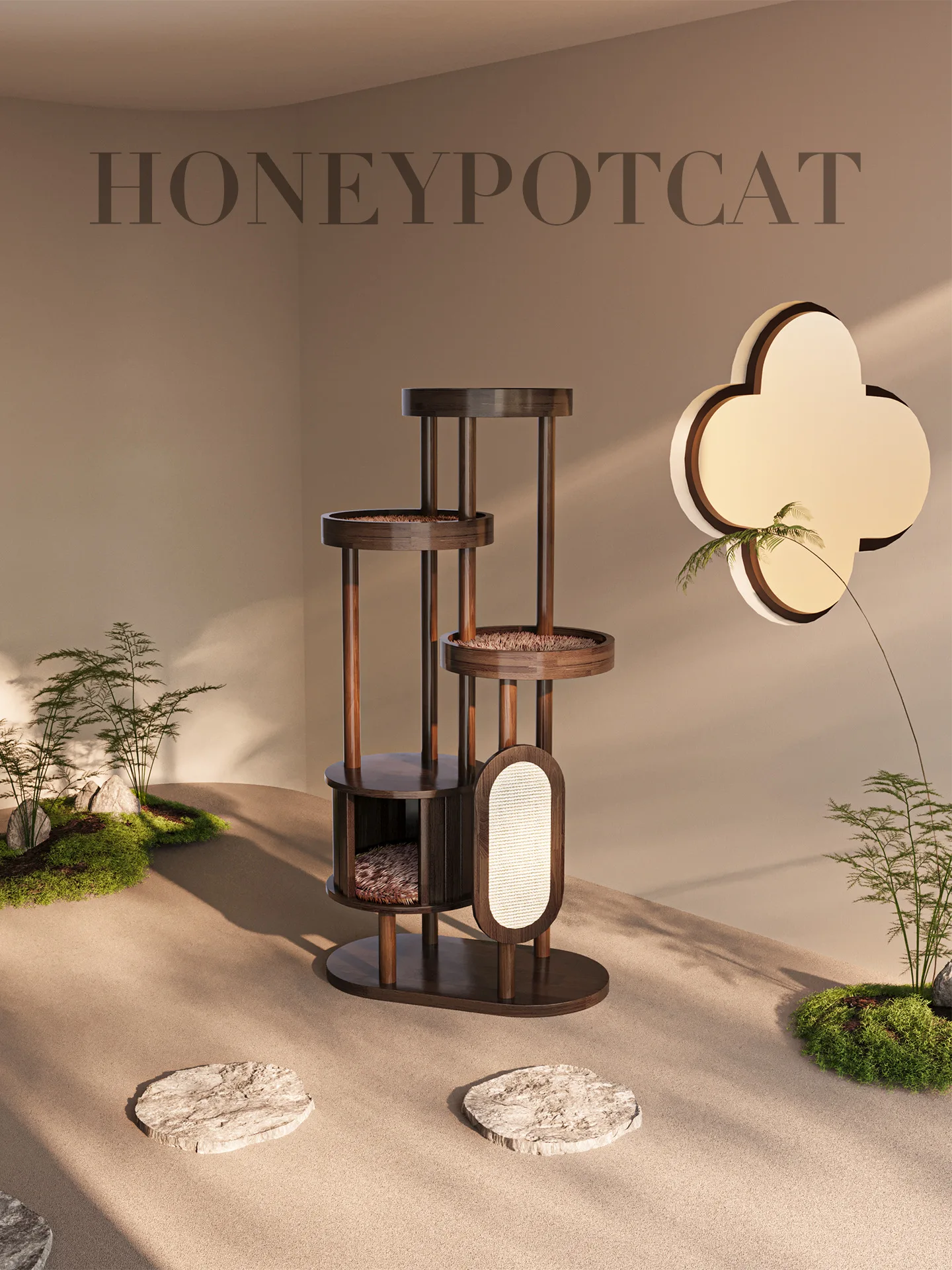 

Cat Tree with Scratching Posts & Cozy Cave, Solid Black Walnut Wood, Modern Chinese Style Cat Tower, Indoor Cat Furniture